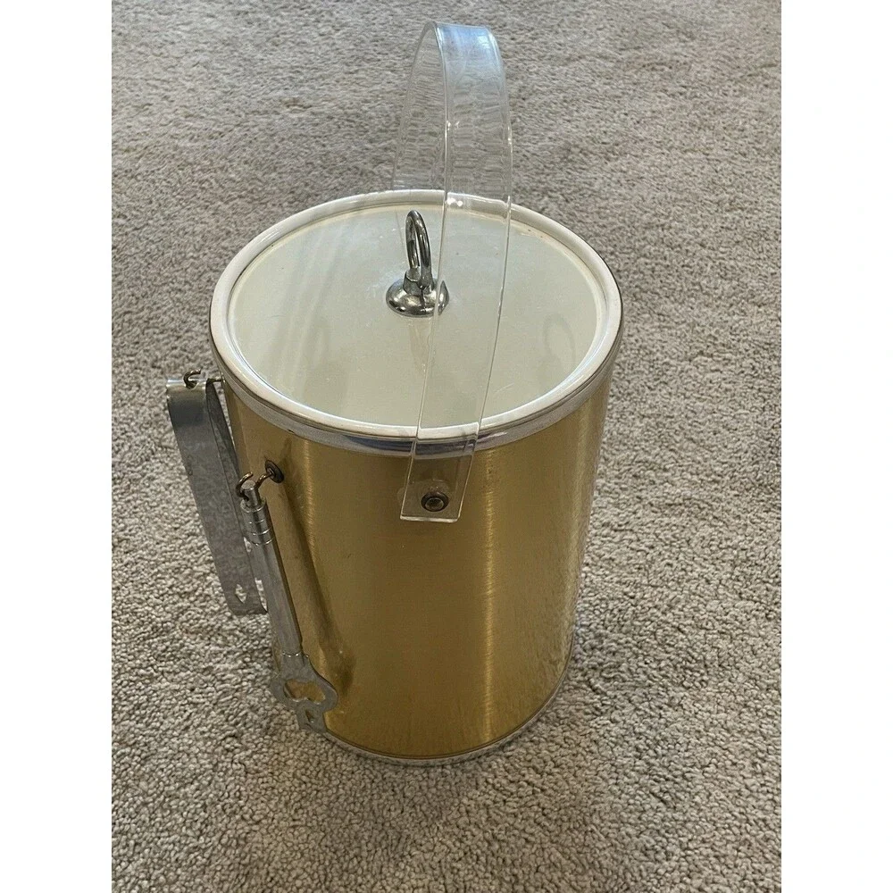 Ice Bucket Brushed Gold Silver Clear Lucite Handle & Lid 3 Tools‎ Box Vintage